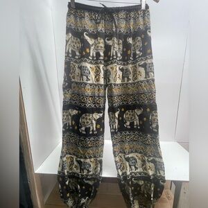 EARTHBOUND Black and Gold Elephant Print Wide Leg Harem Pants